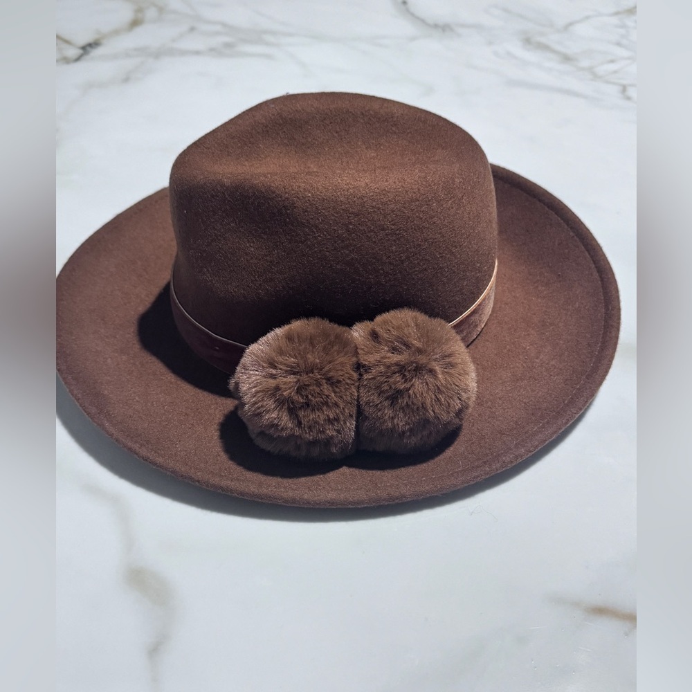 Bcbg Max azria womens brown wool fedora w/ band and poms S/M